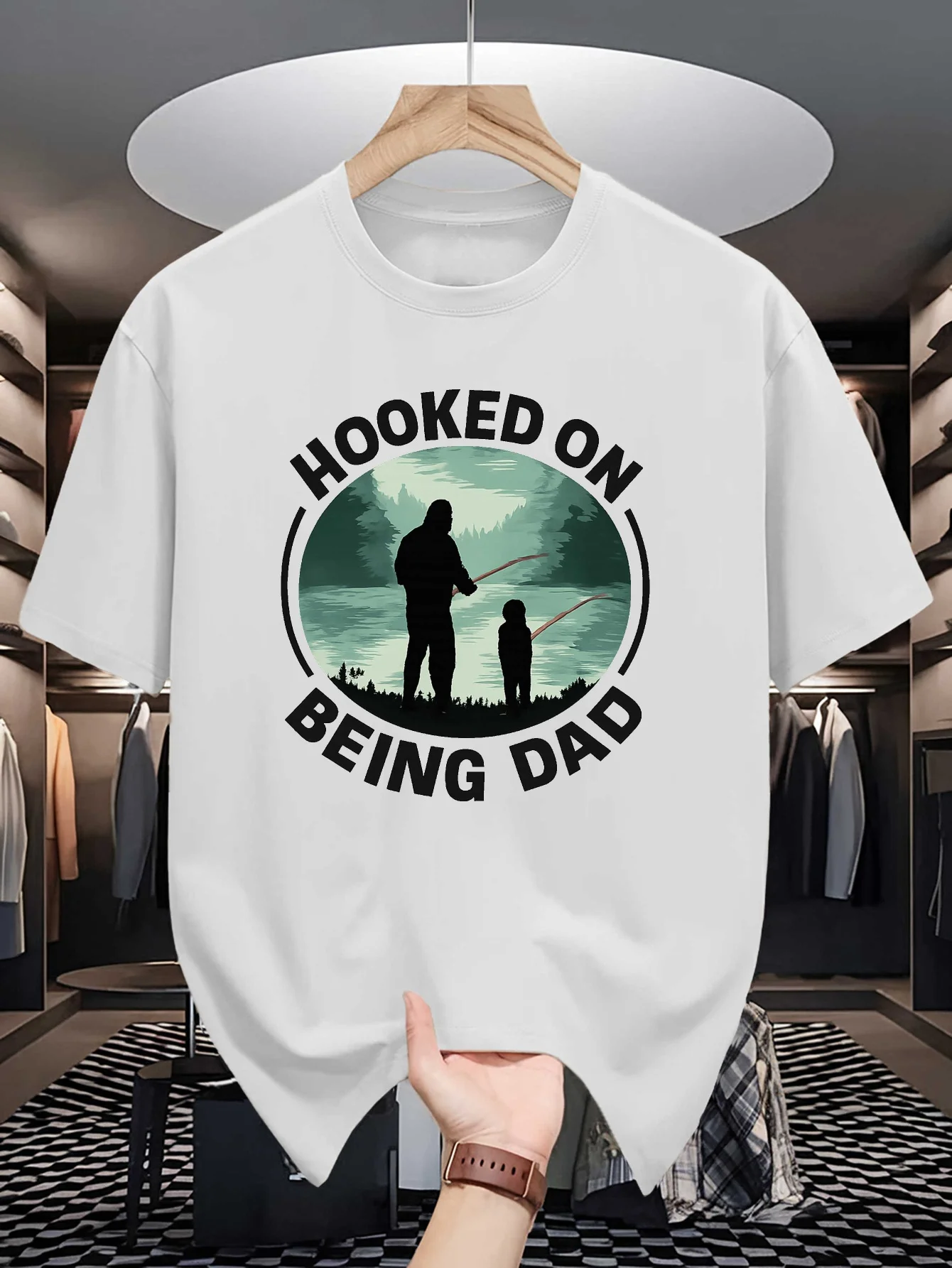 Mens Crew Neck T Shirt Hooked On Being Dad Fishing Silhouette Graphic Short Sleeve Casual Cotton Outdoor Fisherman Street Tees