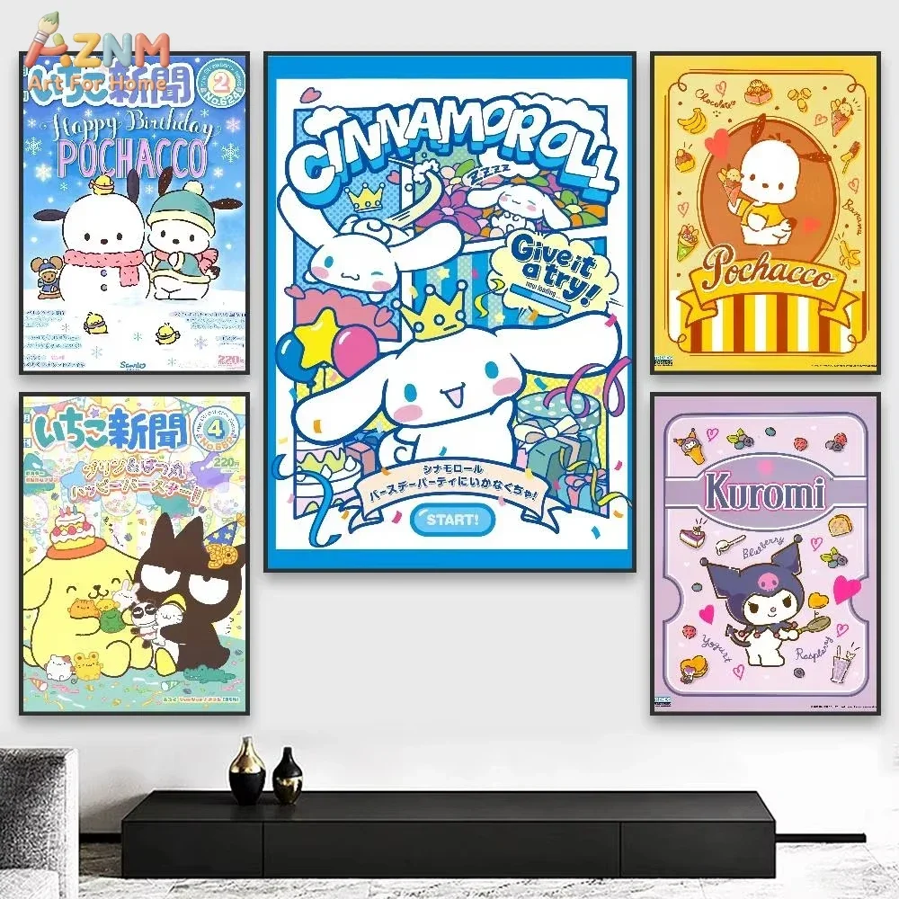 AZNM Sanrio Ichigo Shinbun Cinnamoroll Pochacco Kuromi Canvas Print Frameless Wall Art Cute Cartoon Poster Home Decor Painting