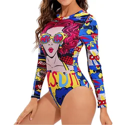 Long Sleeve Swimwear 2026 Surfing Bathing Suit Women Backless Print One Piece Swimsuit Retro Rashguard Monikini Bodysuit