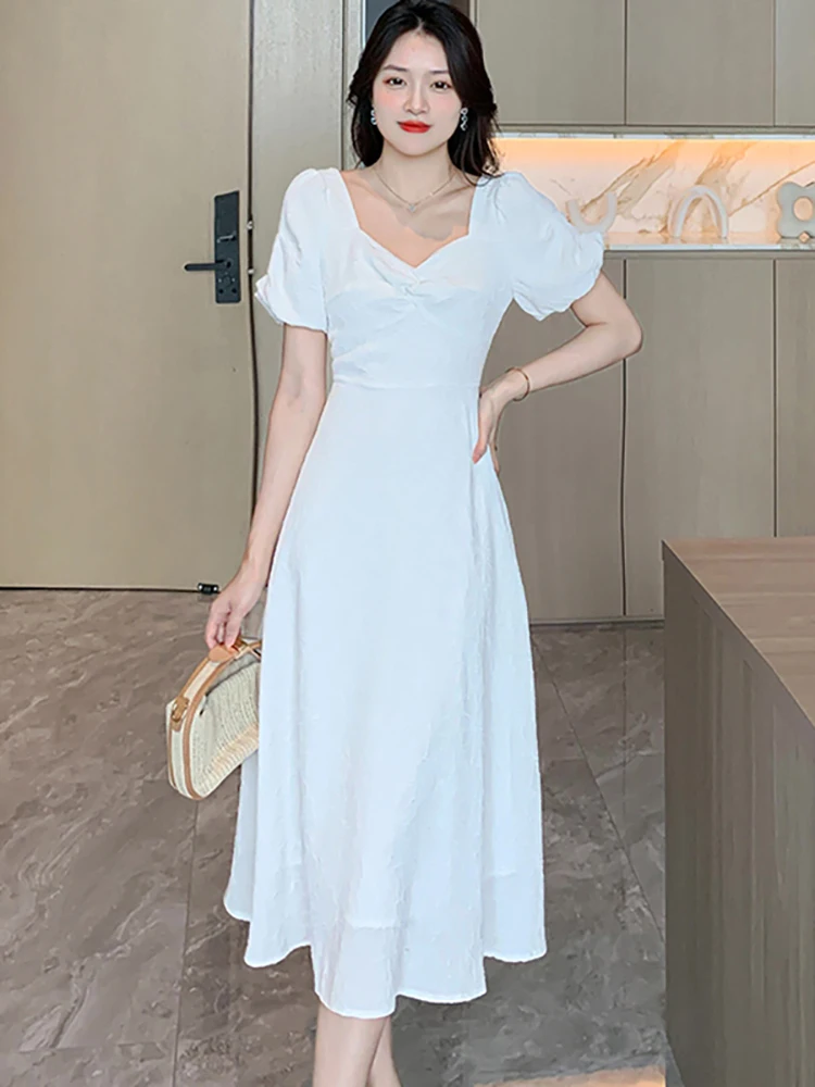 

Women Korean Vintage Elegant Prom Dress Summer White Jacquard Casual Holiday Dress 2024 Puff Sleeve Square Collar Evening Dress