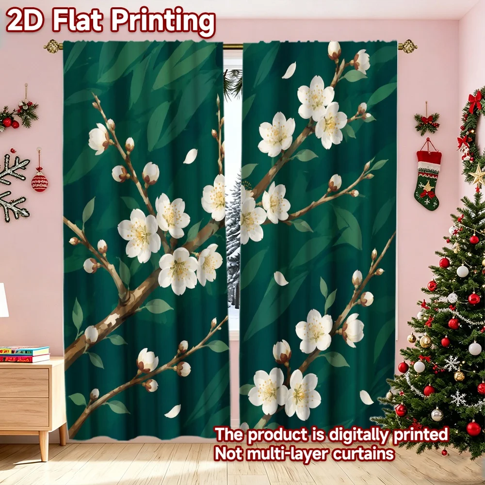2D flat printing 2pcs Christmas Scene Curtains Spring Blossom Branches Digitally printed polyester, colorfast Family Party