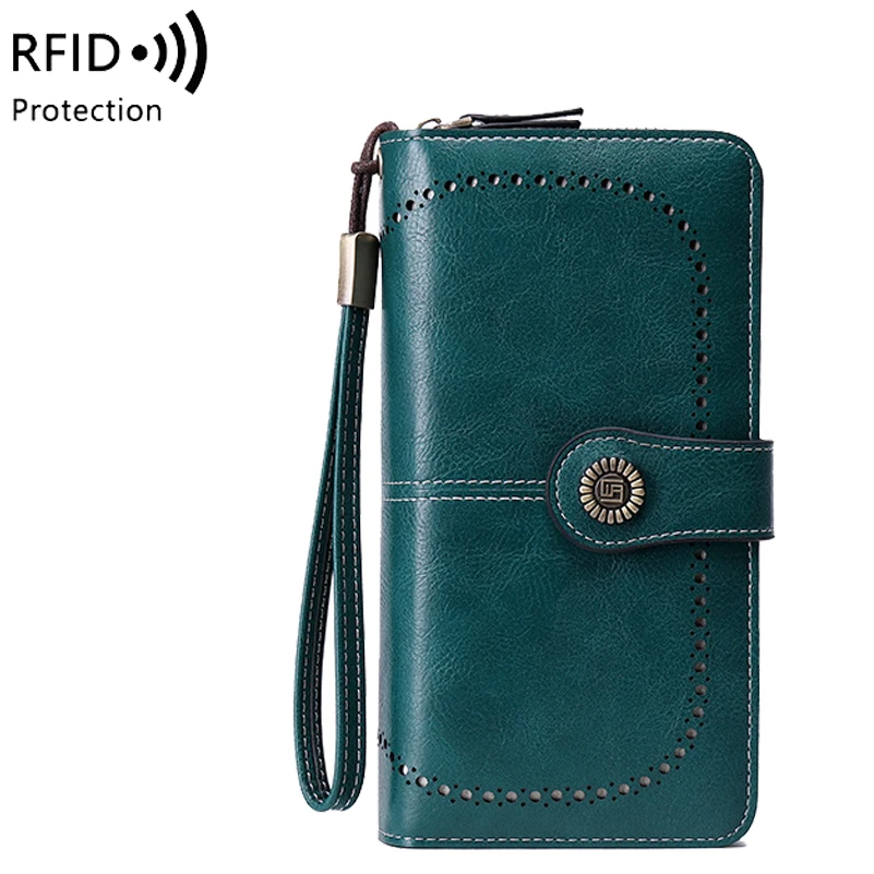 Western RFID Blocking PU Leather Women Wallet Large Capacity Detachable Wrist Strap Purse for Ladies