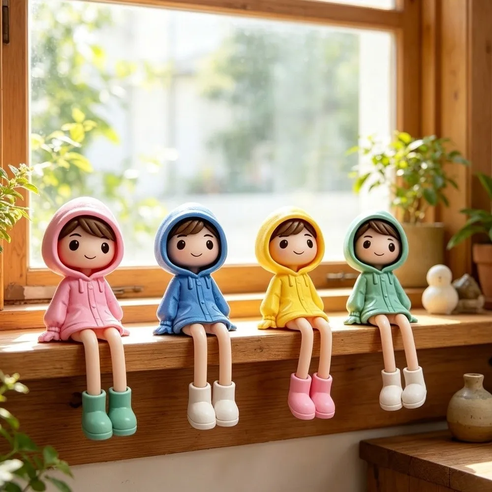 4Pcs PVC Raincoat Doll Figurine Set Rain Boots Long Legged Sitting Girl Mini Figurine Hand Painted Colorful