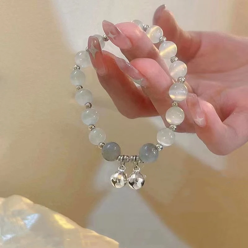 Harajuku Moonstone Beaded Bracelet for Women Elegant Opal Stone Bell Charm Bracelets INS Fashion Aesthetic Egirl Jewelry