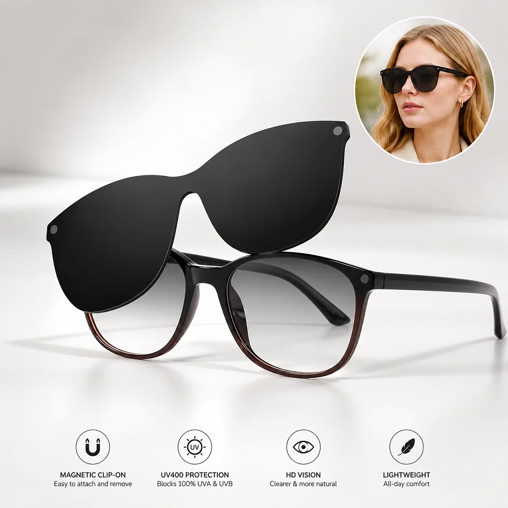 Fashion Sunglasses Magnetic Clip On Glasses Men Women TR90 Lightweight Blue Light Blocking Glasses With Sunshade Lens