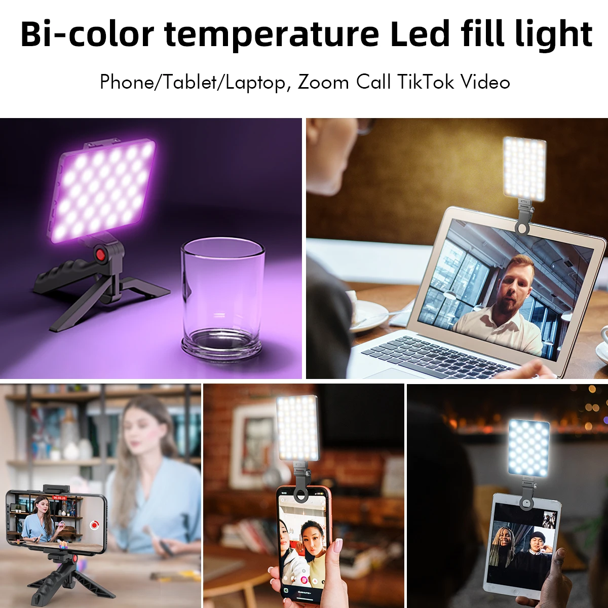 RGB LED Camera Light Full-Color Output Video Lamp Kit 0-100% Dimmable 2500K-9000K-Bi-Color Panel Light With Phone Clip