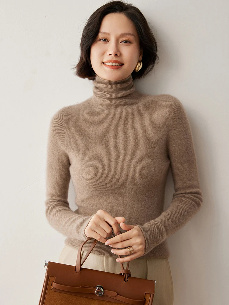New Chic Autumn Winter Pullover Turtleneck Sweater Women's 100% Cashmere Knitwear Female Grace Slim fit Basic Long Sleeve Tops