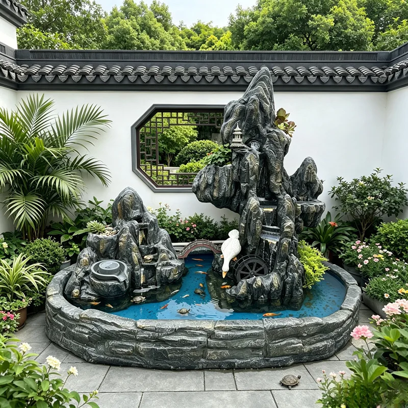 Large rockery flowing fountain ornament garden courtyard outdoor alpine waterfall fish pond landscape