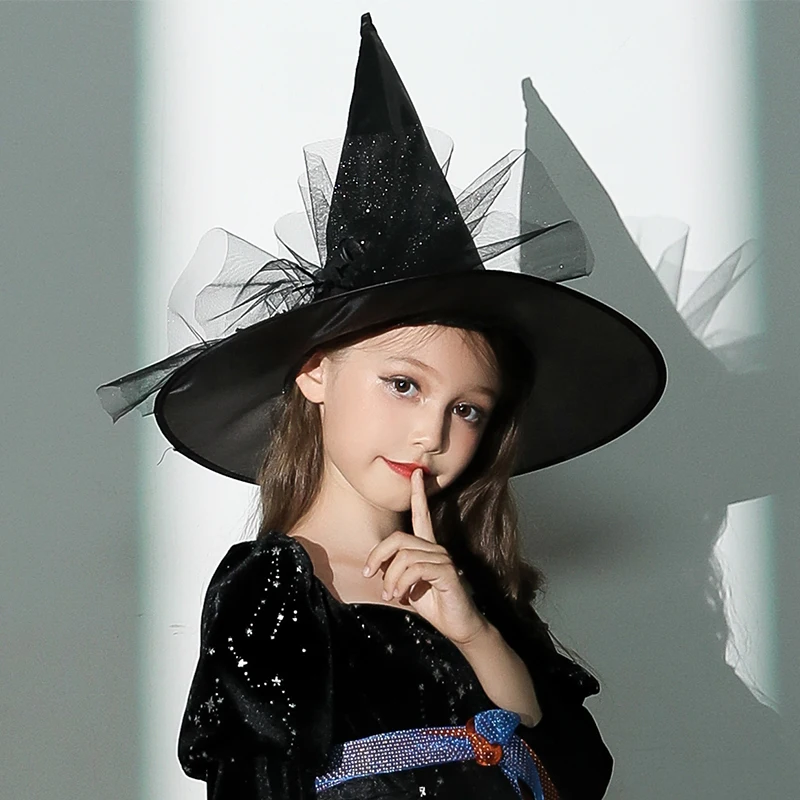 Sombrero de bruja de Halloween para adultos y niños, gorros negros Unisex para fiesta de Halloween, suministros de Cosplay, decoraciones de utilería, gorras de mago, 1/2 piezas