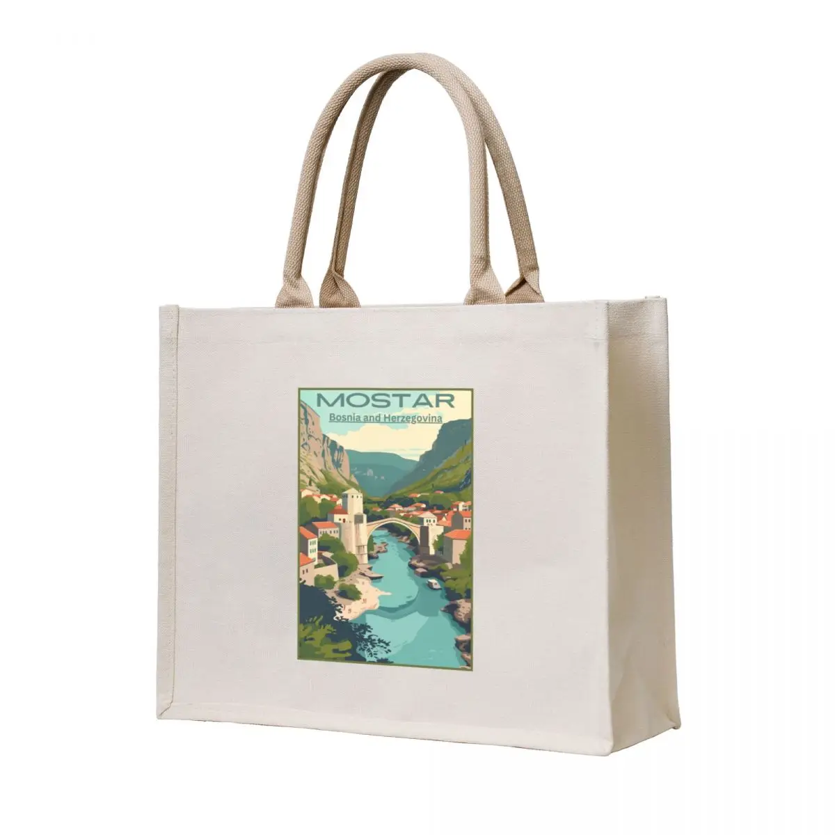 

Mostar Vintage Travel Poster-Bridging History in Mostar Tote Bag tote bag screen sac pour femme