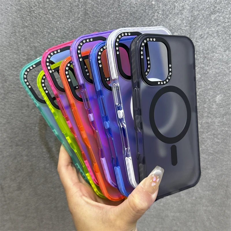 Neon Color MagSafe Phone Case for iPhone 16 pro max 15 Pro 14 13 12 11 Frosted Wireless Charge Laser Gradient Fluorescent Cover