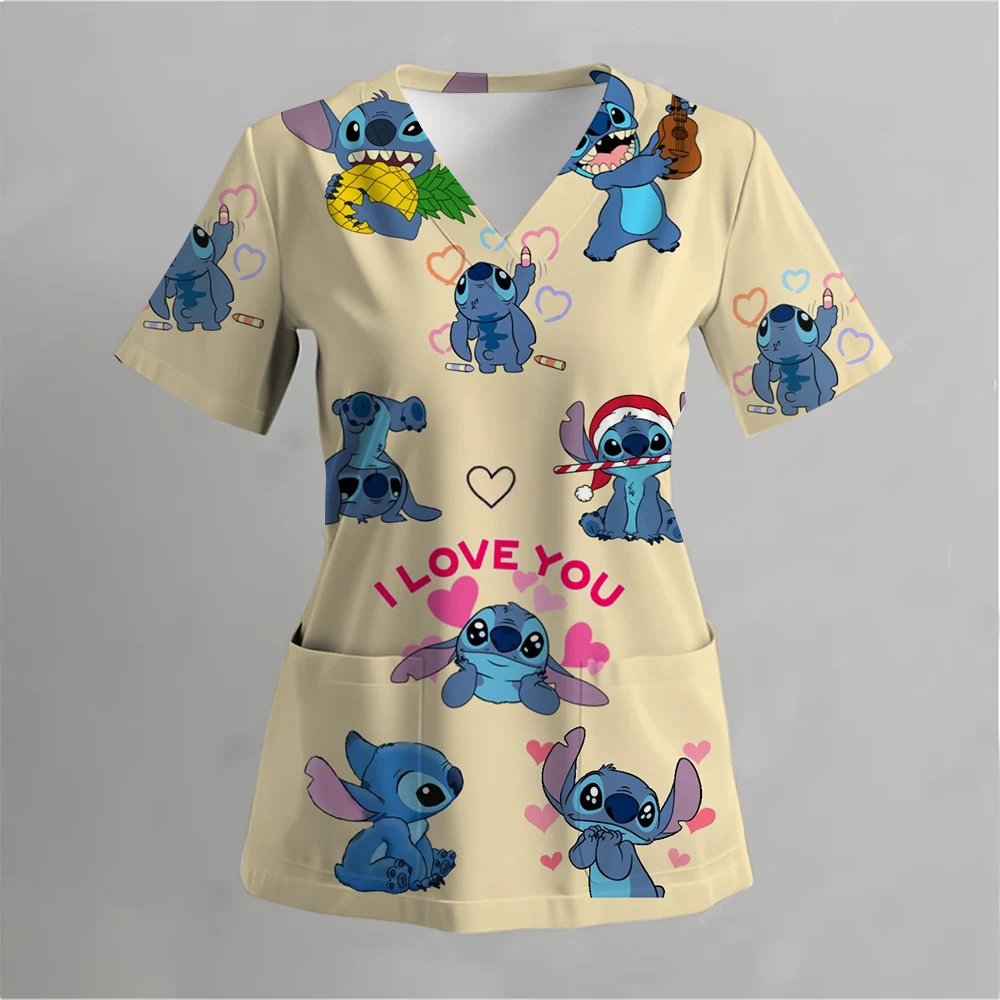 Lilo &Stitch Disney Summer Pocket New Woman T-shirts Hospital Nurse Uniform T-shirt Y2k V Neck Clothing Uniform Pocket Neck Y2k image 5
