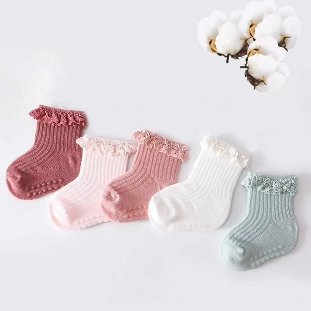 5 pares bonito algodão bebê plissado meias antiderrapante recém-nascidos crianças tubo meia rendas infantil toddle andando meias primeiros caminhantes