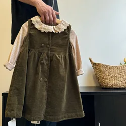 Children Clothing Girls Sundress 2024 Autumn Korean Style Solid Color Shirt Vintage Fashionable Sweet Girls Corduroy Dress