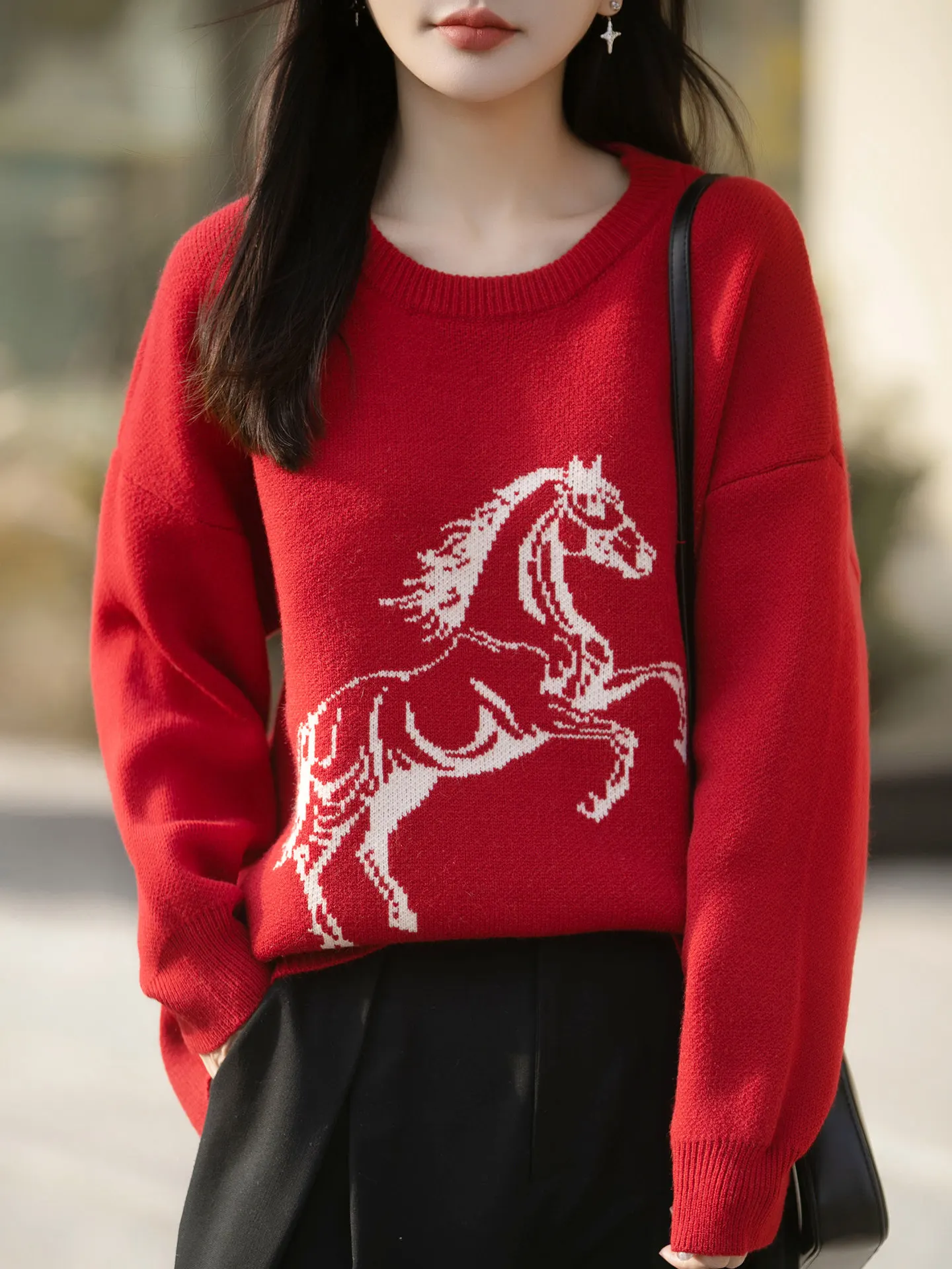 

Женский вязаный свитер с вышивкой, новогодний узор, красный цвет, повседневный свободный крой, топ с длинными рукавами для женщин