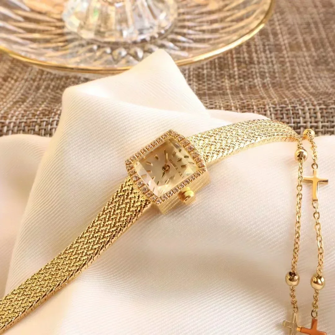 Women 18K Gold Watches New Mini-square Luxury Diamond-encrusted Wheat Ear Gold Watch Ladies High quality women  Watches Gifts