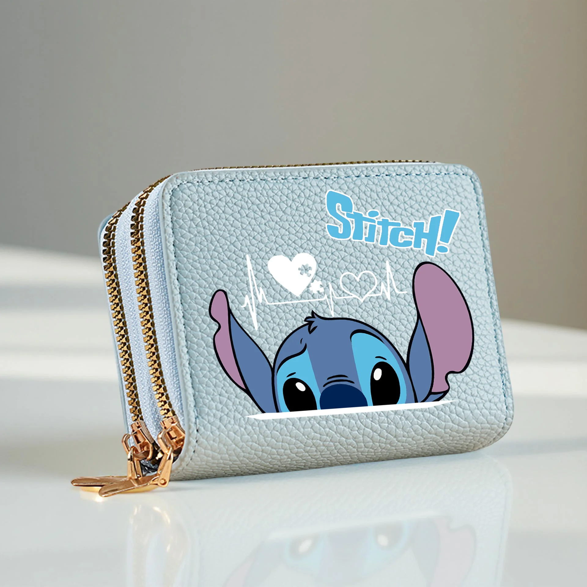 Stitch Design PU Leather Wallet – Double Zipper Short Coin Purse with Card Slots, Cute Cartoon Style, 4 Colors Available