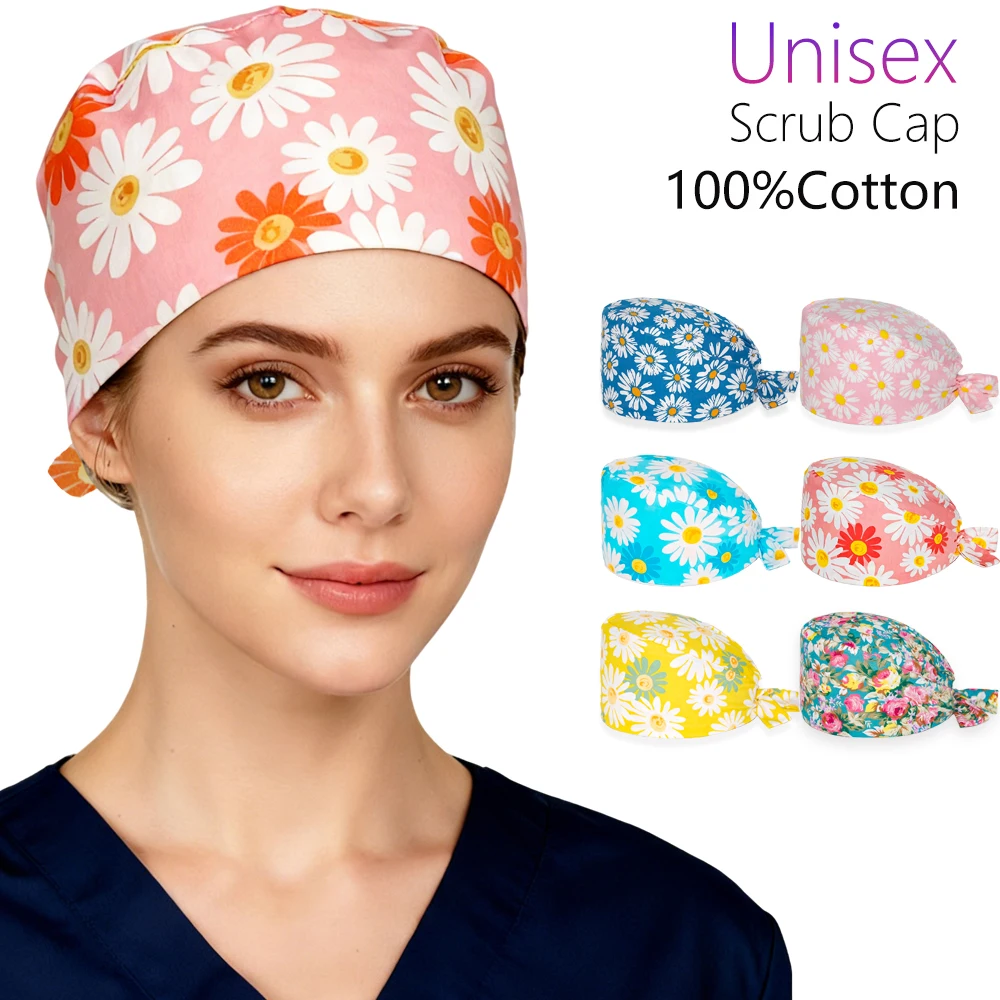 المرأة الزهور المطبوعة قبعة جراحية للنساء الرجال ممرضة الصيدلة الأسنان جراحة التخدير قبعة غرفة العمليات الجراح فرك قبعة #1