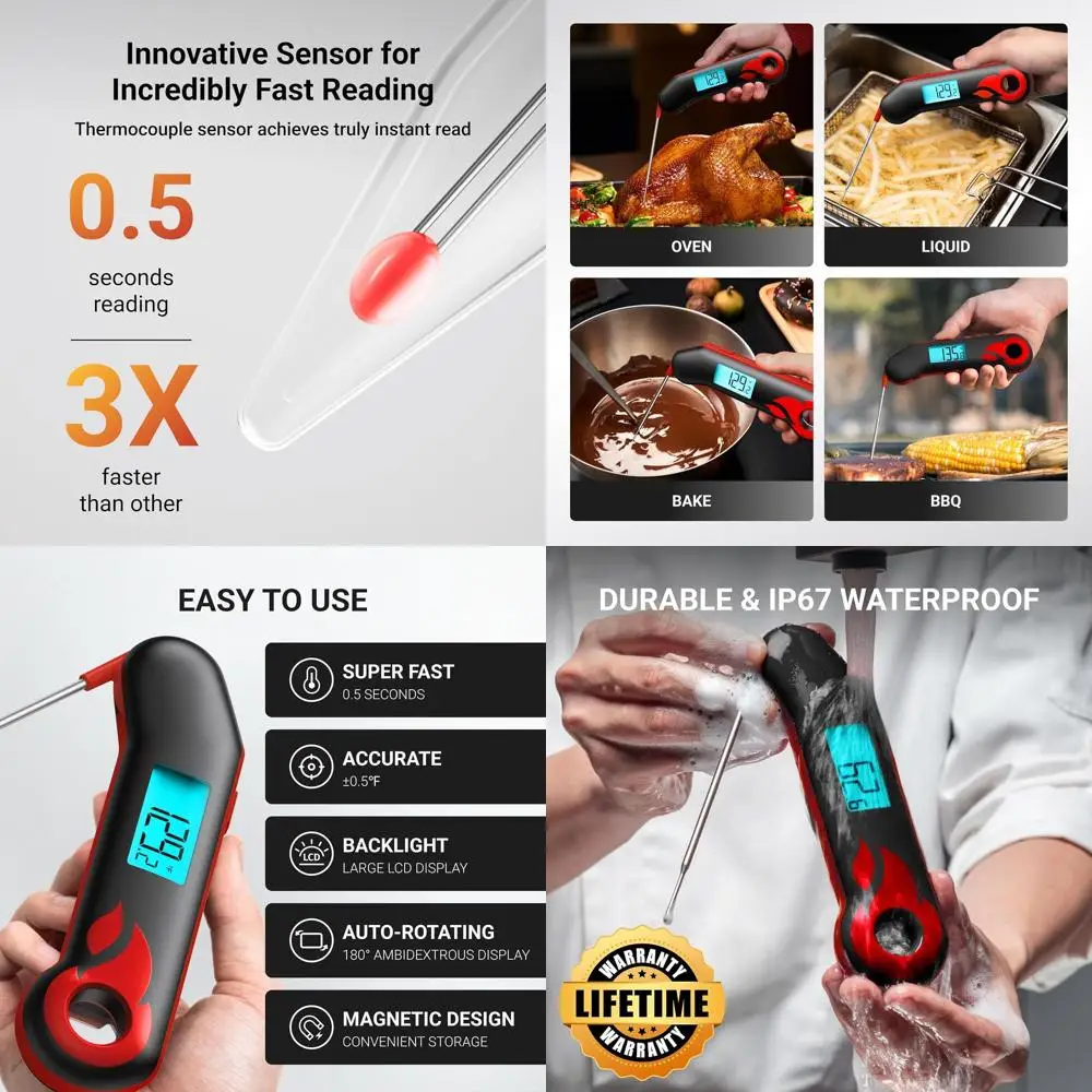 

Быстросчитывающийся термометр для мяса, точный до ± 0,5 ° F, водонепроницаемый, с подсветкой и автоматическим вращением, идеально подходит для барбекю и приготовления пищи