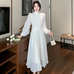 2025 French Elegant White Chiffon Dress Women Spring Summer New High Waist See Through Lantern Sleeve Long Dresses
