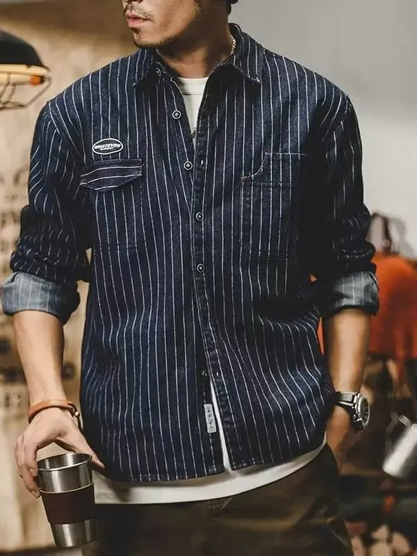 

Мужская джинсовая рубашка American Sle Heavyweight в полоску, свободного кроя, для работы, весна-осень, стиль Hard Man Hunt