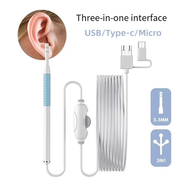 ABMR-Ear Cleaner Otoscope 5.5MM Lens HD720P Ear Picker 3In1 Micro-USB Type-C Inspection Endoscope Camera