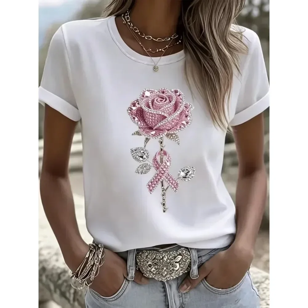 Women Summer Round Neck Short Sleeve T-Shirt 3D Digital Print Denim Splicing Casual Daily Office Work Resort Wear Ladies Tee Top