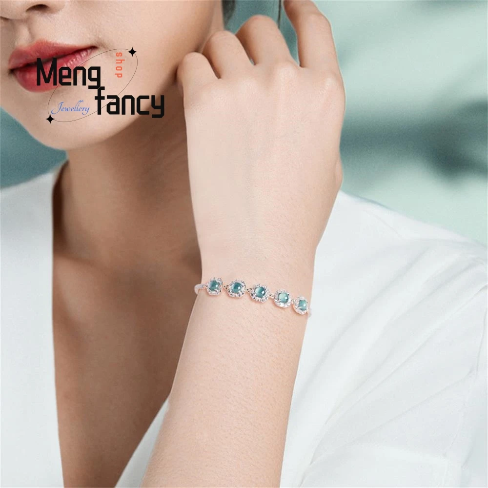 Natural A-goods Jadeite Blue Water Egg Surface Princess Bracelet S925 Silver Inlaid Ice Jade High-grade Elegant Fashion Jewelry