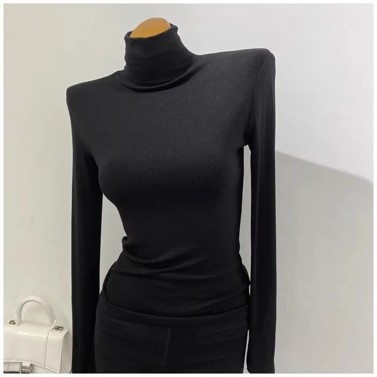 Slimming Soft High Collar Long Sleeve T-Shirt Versatile Base Layer Women's Korean Style INS Super Popular Ribbed Top