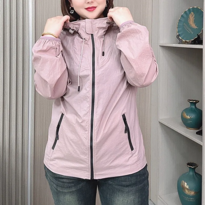 Outdoor Sun Protection Hooded Jacket Women Summer New Plus Size Loose Thin anti-UV Breathable Coat