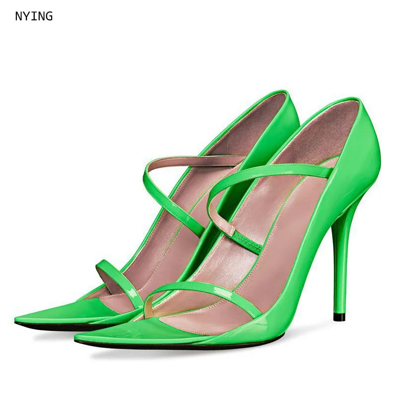 Women Color T-Strap Pumps, Black Patent Pointed Toe White Multi Stripe Cutout Green Ankle Buckle Thin Stiletto High Heels