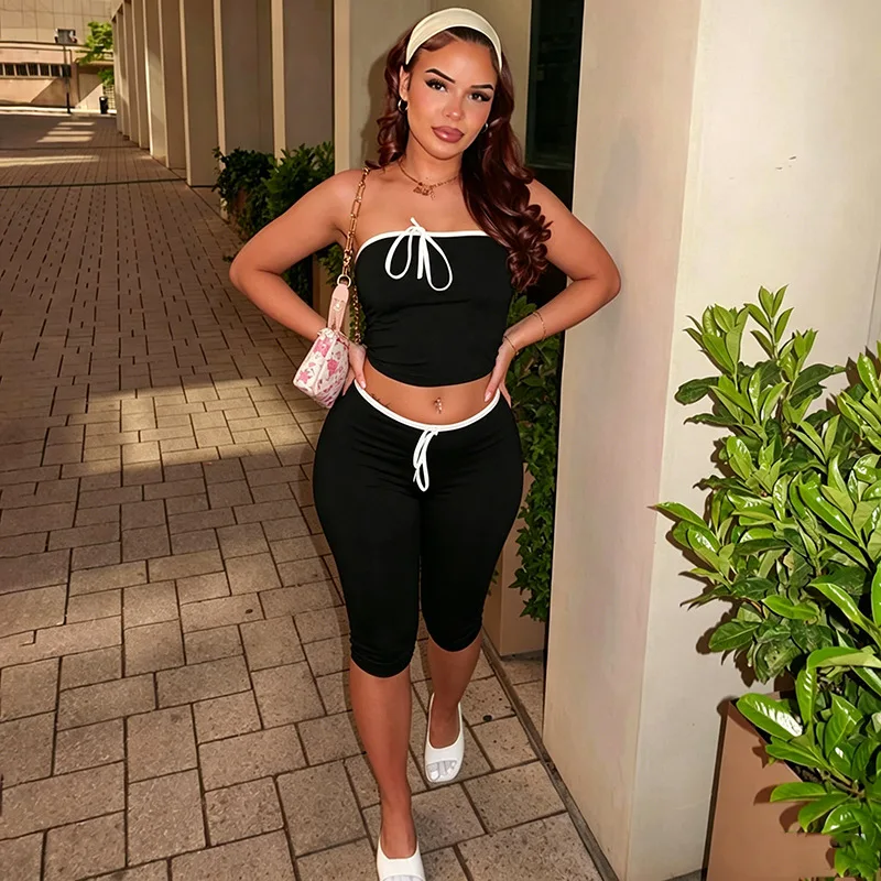 Fashion Contrast Color Woman Sets Y2k Clothes Sleeveless Sexy Girl Crop Top and Tight Capris Pants Matching Outfits 2 Piece Set view 5