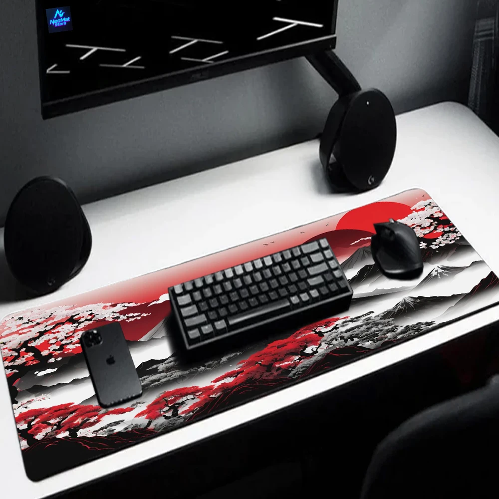 Japanese Style Mouse Pad Sakura Mount Fuji pc mat 80x30 aesthetic Red Sun Cherry Blossom Desk Mat Large Gaming Mousepad Black White Oriental Landscape Art Computer Desk Decor Office Accessories Extended pad XXL - view 4