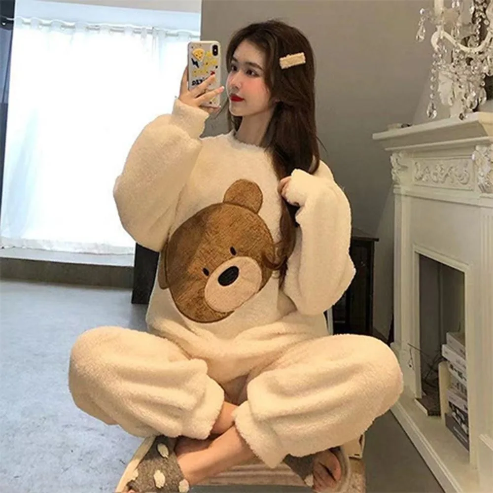 Flannel Winter Women's Sleepwear Set Comfortable Matching Pants and Top Warm Pajamas Sweet Bear Pattern Home Clothes