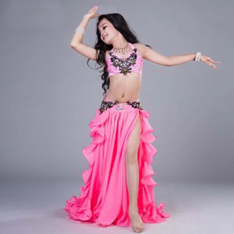 2018 Luxury hand-made Belly Dancing Costume for Kids/Child/Girls sexy Oriental Dance Competition Clothes Suit S/M/L Pink Green