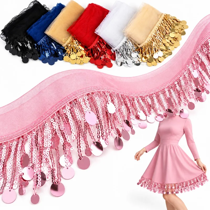 3/6/9Yards 8cm Sequin Mesh Tassel Fringe for Latin Dance Skirts Lace Trim Ribbon Costumes Sewing DIY Clothing Decor Accessories