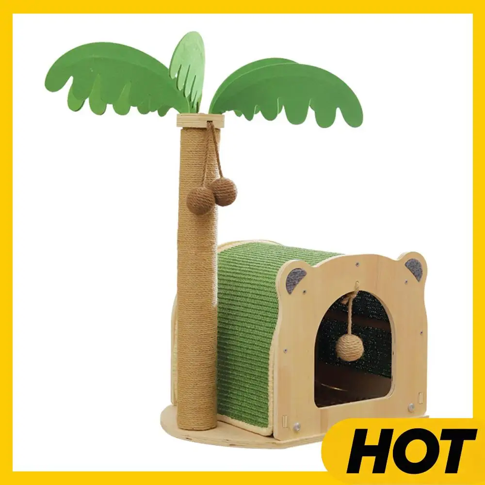 

Coconut Tree Cat Scratching Post with Hanging Balls Small Wooden Cat House for Kittens and Cats