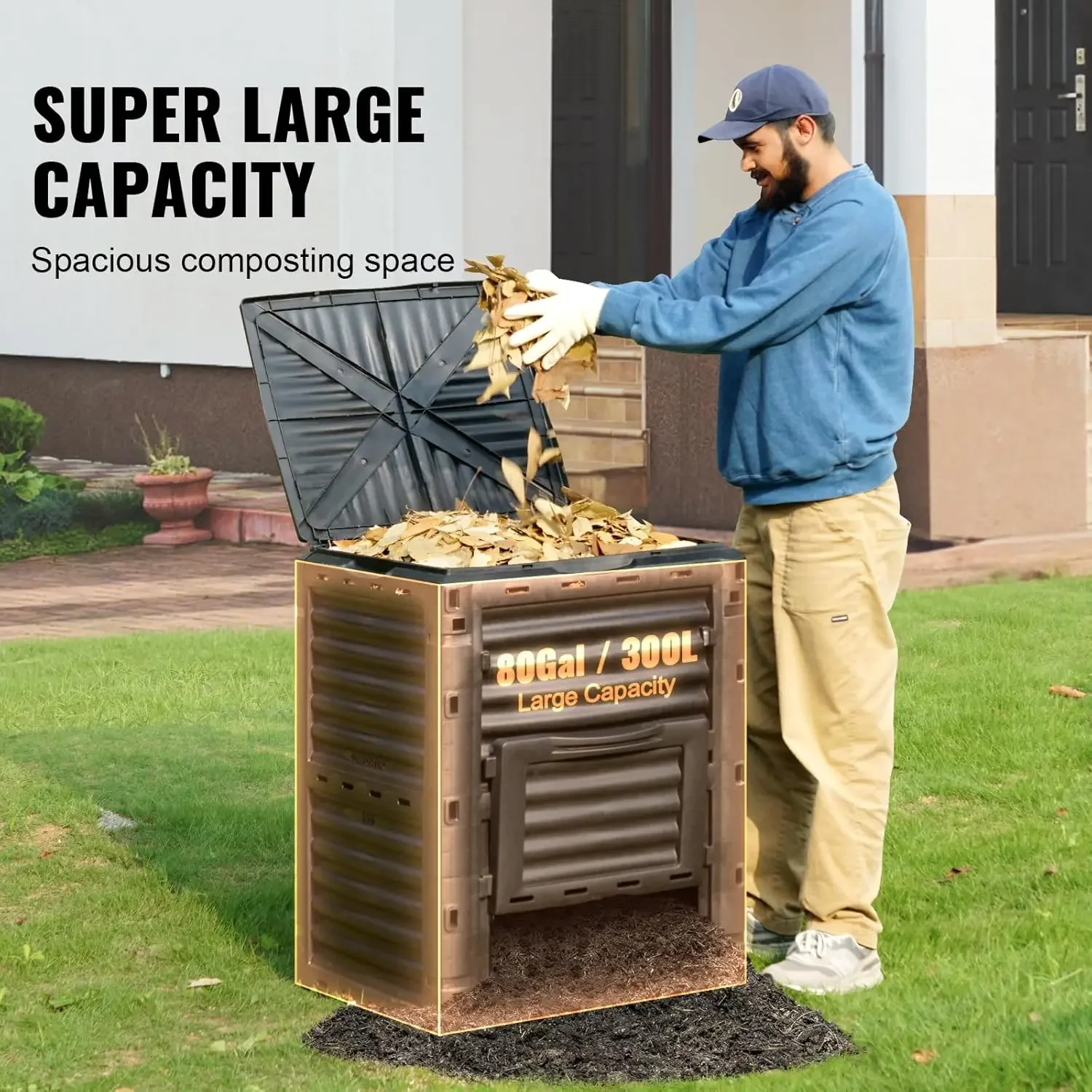 Garden Compost Bin 80 Gallon, BPA Free Composter, Large Capacity Outdoor Composting Bin with Top Lid and Bottom Door