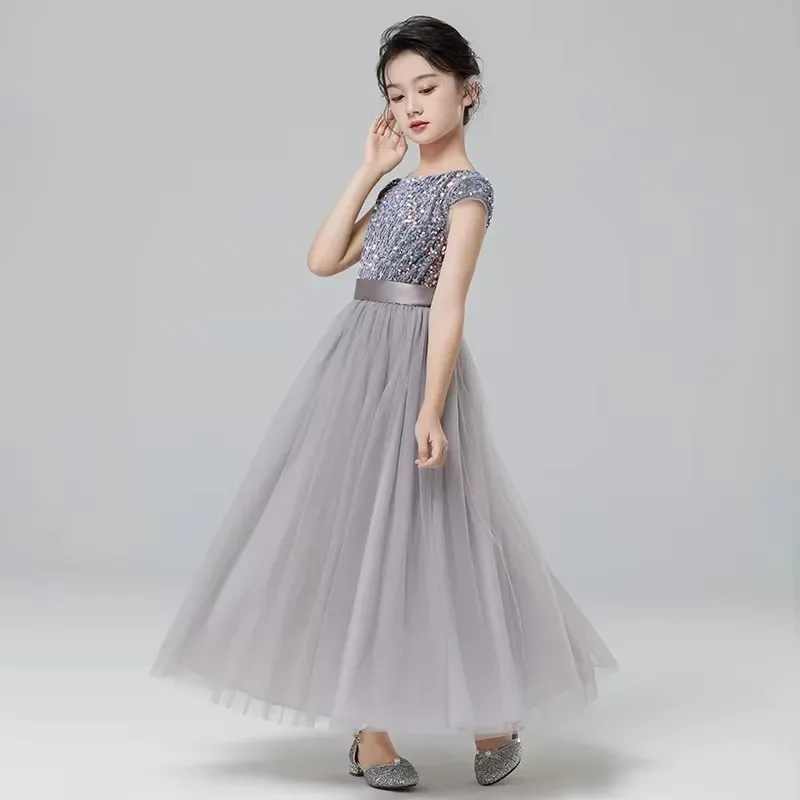 Girl Sequin Dress Birthday Party Princess Dresses Elegant Round Neck Kids Girls Evening Frock  Host Performance Clothing