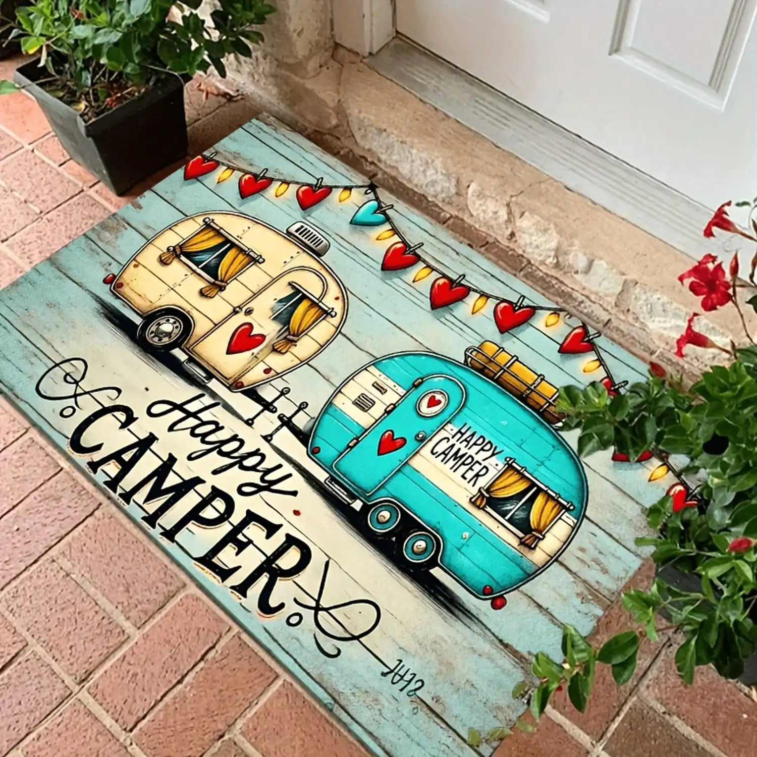 Product Image: 1 Piece 2D Flat Printing Flannel Door Mat, Rectangular Flannel Door Rug + 10mm Thickness + 500g/M2, Bohemian Style, Suitable For Camping Trailers