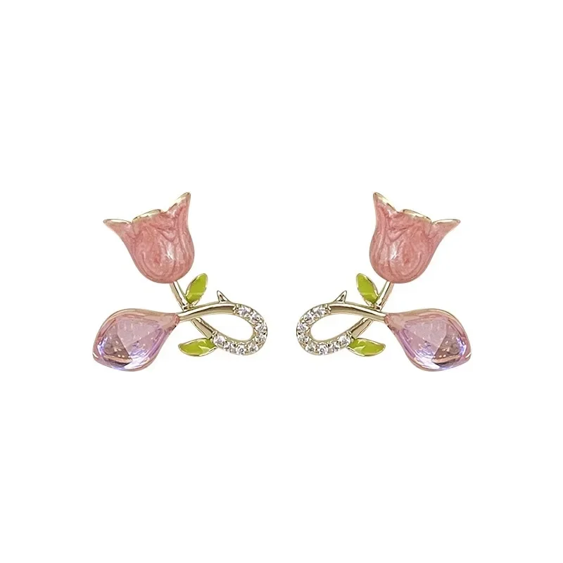 أقراط مرصعة بزهرة التوليب مرصعة بالزركونيا المكعبة للنساء ، لون وردي ، تصميم كوري بسيط ، مجوهرات أذن لصديق ، هدية عيد الميلاد #5