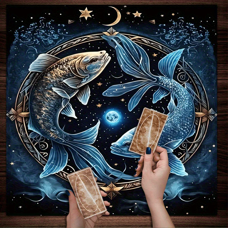 Celestial Zodiac Fish Altar Cloth – Moon & Stars Witch Tablecloth for Tarot, Mystic Decor, Seasonal Occasions
