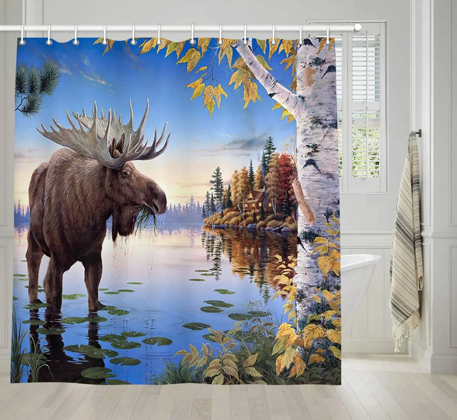 Fall Moose By Ho Me Lili Shower Curtains For Bathroom Autumn Scene Animal Elk Leaves Birch Forest River