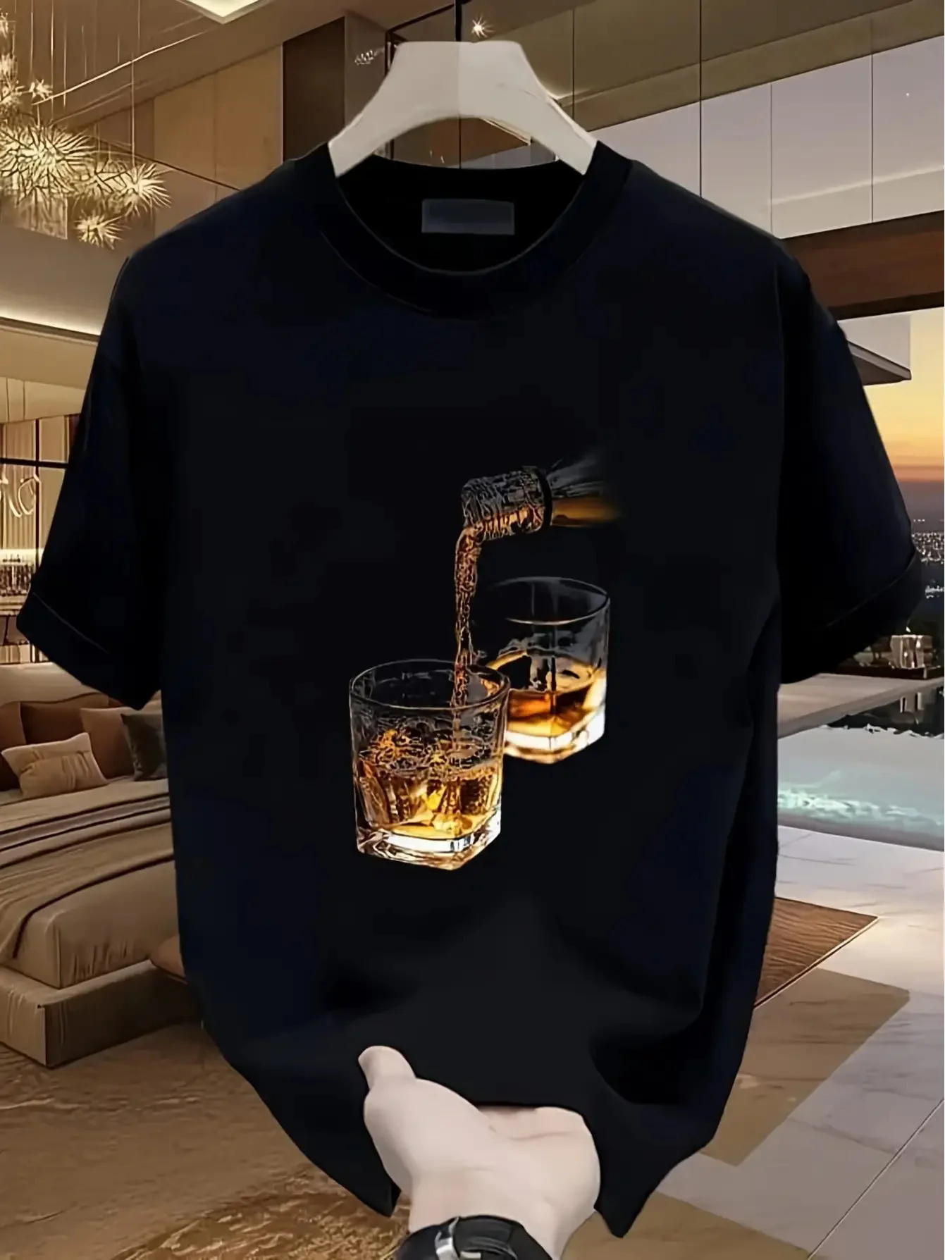 Whiskey Pour Graphic Print Men's Regular Fit Cotton T-Shirt Casual Short Sleeve Tee