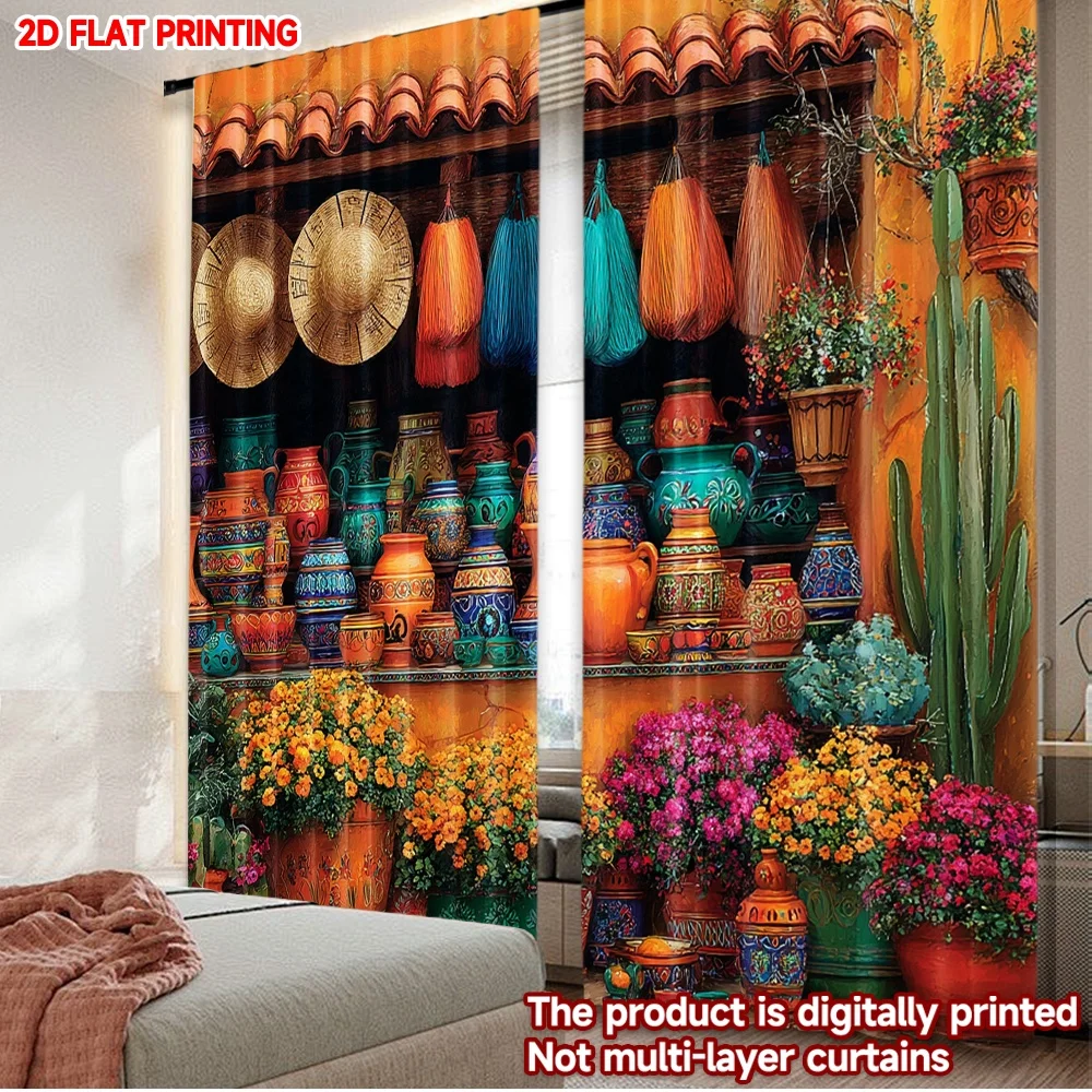 2pcs Pottery Cactus Desert Curtains  Vibrant Hats Vases with Blooming Flowers for Bohemian Living Room Bedroom Decor