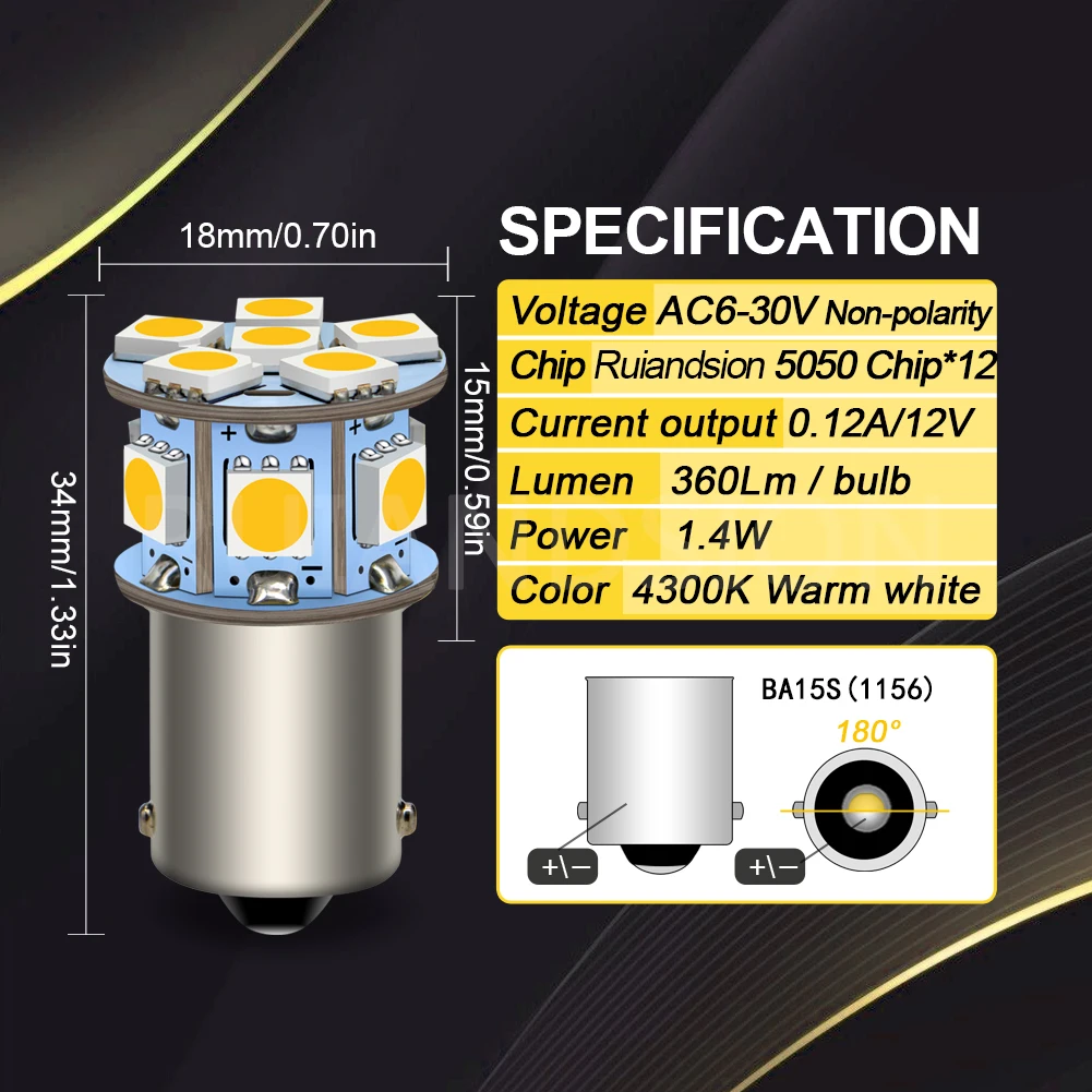 2Pcs BA15S P21W 1156 BAU15S PY21W LED Bulbs Car Motorcycle Turn Signal Light 6V 12V 24V 6-30V White Amber Yellow Red Warm White - view 5