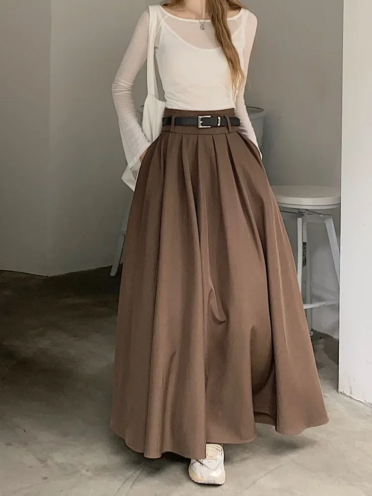 High Quality Large Swing Suit Skirt Women Elegant A Line Pleated Skirt with Belt Femlae Korean Style Slim Fit Long Skirt 2025