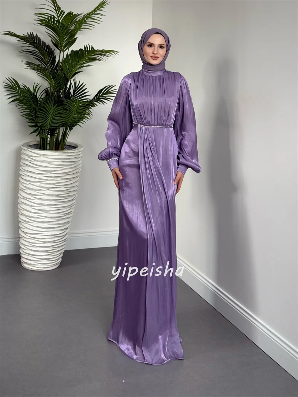 Personalizado de alta qualidade clássico strass ruched em linha reta gola alta vestidos longos sob medida vestidos de ocasião tamanhos disponíveis