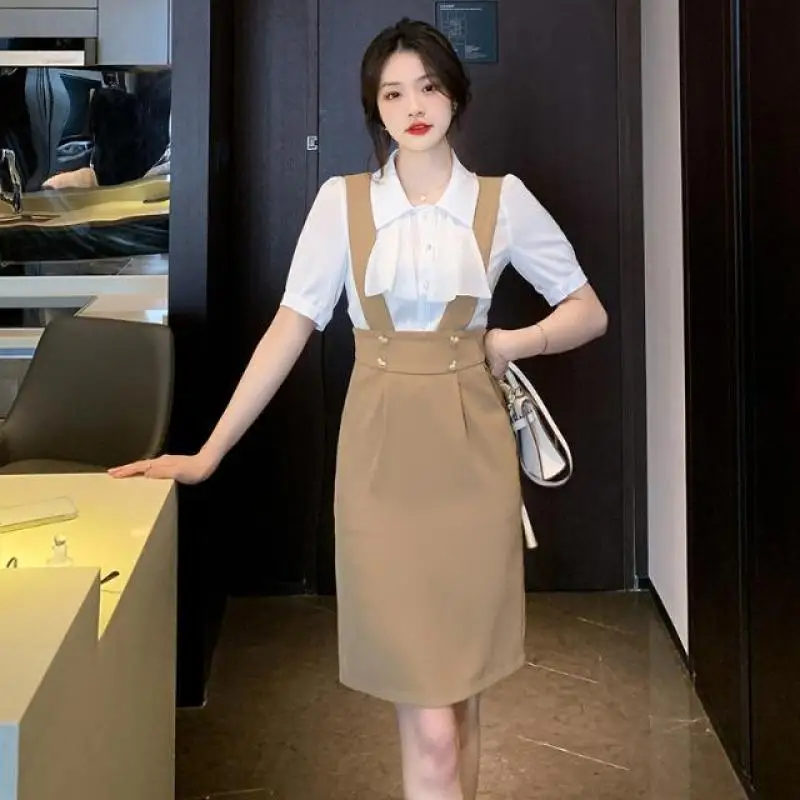 

2023 Summer New Arrival Korean Fashion Style Temperament Shirt Commuter Versatile Slim Fit Strap Dress Two Piece Set For Women