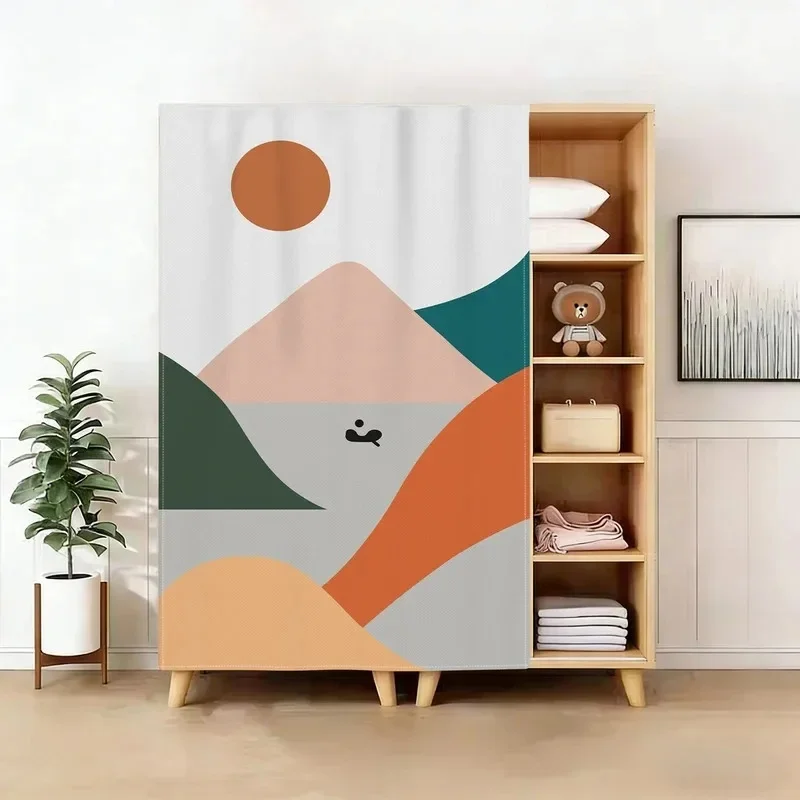 VIKAMA Boho Abstract Landscape Cabinet Curtain, Minimalist Sun Mountain Boat Print Dust Cover for Storage Cabinet Decor